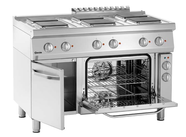 Tegenstrijdigheid Fruit groente baai Bartscher Serie 700 Elektrisch Fornuis met oven 6PL EBO Breedte 1.200 | RVS  | 6-pits 220 x 220 mm/2.6 kW | Oven 100C-300C/3 roosters/58 ltr./1/1  GN/535x370xH290mm. | Onderbouw vleugeldeur | 1.200 x 700 x H 850/900 |  19.25 kW | 400 V - Eissens FSE